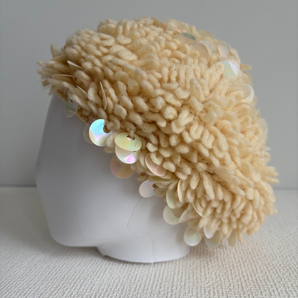 Vintage Beret Sequin Loopy Knit Cream Mod hippy 60s glamOne Size